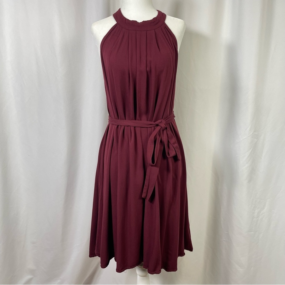 NEW Kirundo XL Chic Burgundy Halter High Neck Pleat Retro Midi Dress Minimalist